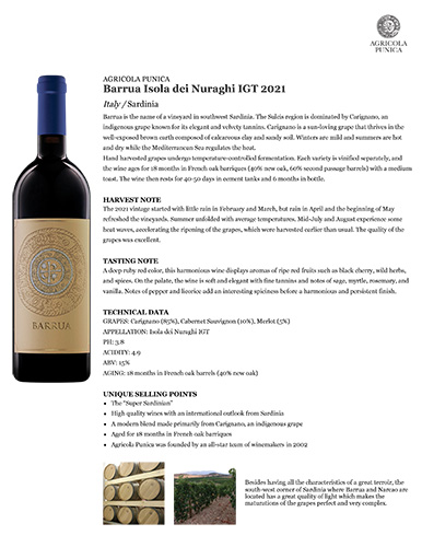 Barrua Isola dei Nuraghi IGT 2021 Fact Sheet
