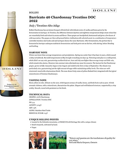 Barricato 40 Chardonnay Trentino DOC 2022 Fact Sheet