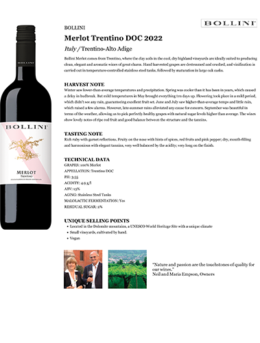 Merlot Trentino DOC 2022 Fact Sheet