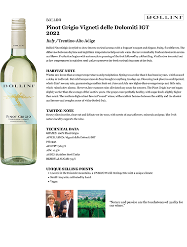 Pinot Grigio Vigneti delle Dolomiti IGT 2022 Fact Sheet