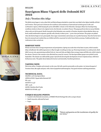 Sauvignon Blanc Vigneti delle Dolomiti IGT 2022 Fact Sheet