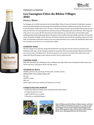 Les Cassagnes Côtes-du-Rhône Villages 2021 Fact Sheet