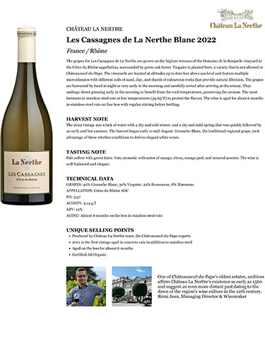 Les Cassagnes de La Nerthe Côtes du Rhône Blanc 2022 Fact Sheet