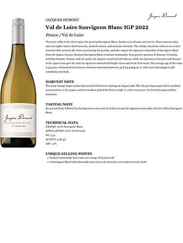 Val de Loire Sauvignon Blanc IGP 2022 Fact Sheet