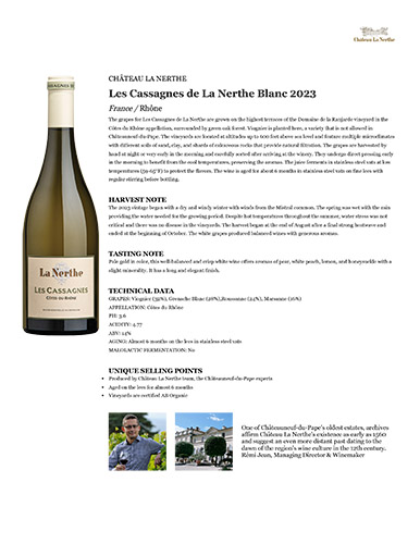 Les Cassagnes de La Nerthe Côtes du Rhône Blanc 2023 Fact Sheet