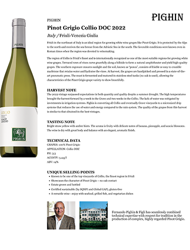 Pinot Grigio Collio DOC 2022 Fact Sheet