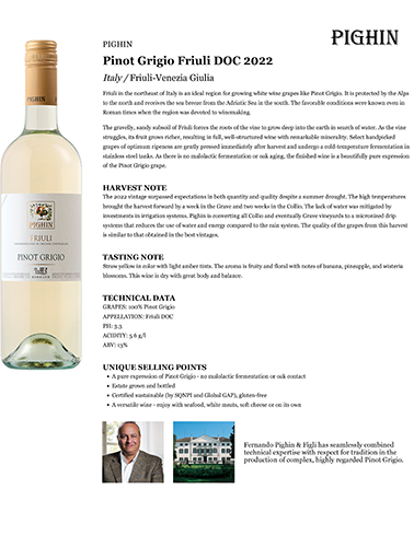 Pinot Grigio Friuli DOC 2022 Fact Sheet