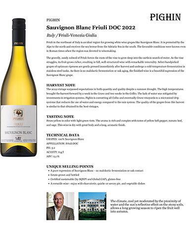 Sauvignon Blanc Friuli DOC 2022 Fact Sheet