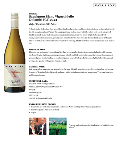 Sauvignon Blanc Vigneti delle Dolomiti IGT 2024 Fact Sheet