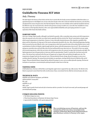 Guidalberto Toscana IGT 2021 Fact Sheet