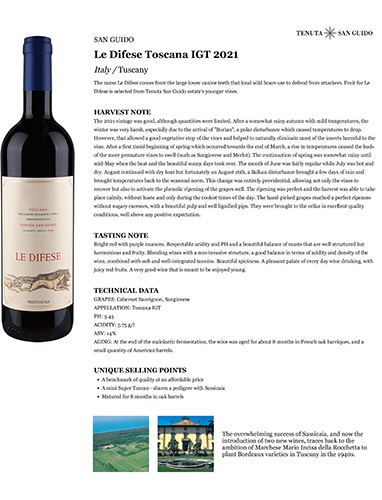 Le Difese Toscana IGT 2021 Fact Sheet
