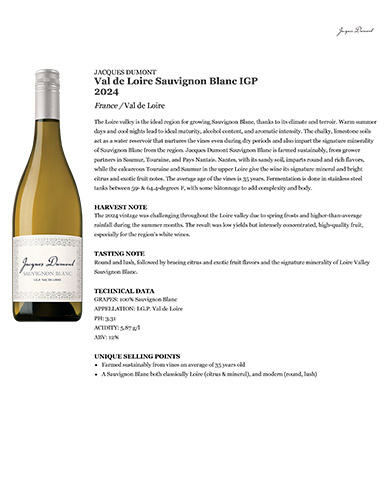 Val de Loire Sauvignon Blanc IGP 2024 Fact Sheet