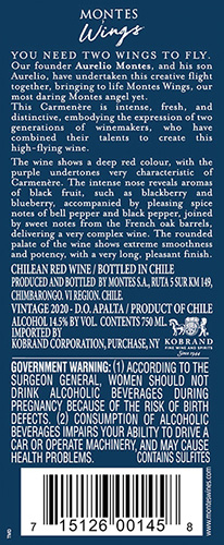 Wings Carmenère 2020 Back Label