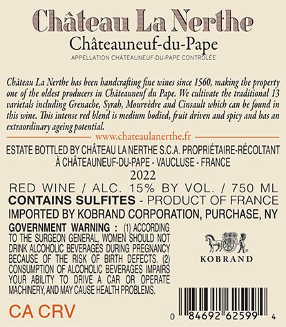 Châteauneuf-du-Pape Rouge 2022 Back Label