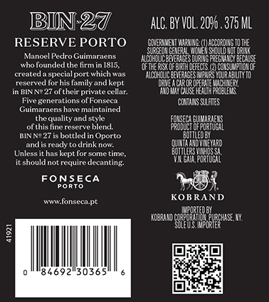 BIN 27 Porto 375ml Back Label