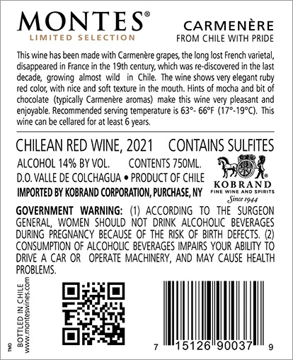 Limited Selection Carmenère 2021 Back Label