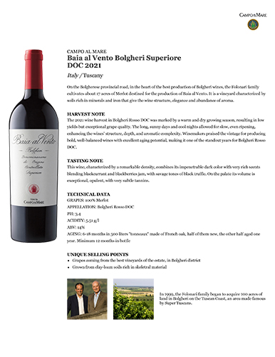 Baia al Vento Bolgheri Superiore DOC 2021 Fact Sheet