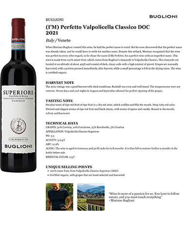 (I’M) Perfetto Valpolicella Classico DOC 2021 Fact Sheet