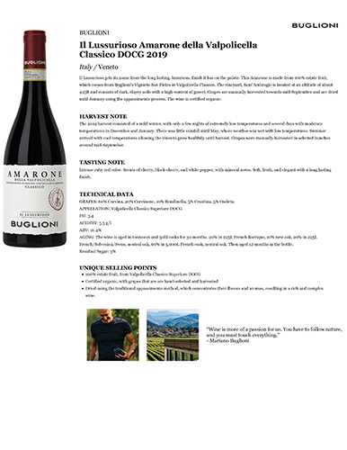 Il Lussurioso Amarone della Valpolicella Classico DOCG 2019 Fact Sheet