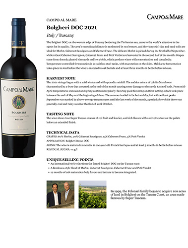 Bolgheri DOC 2021 Fact Sheet