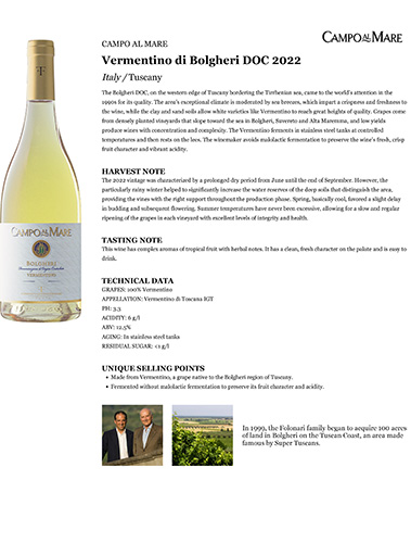 Vermentino di Bolgheri DOC 2022 Fact Sheet