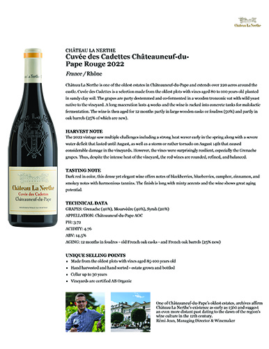 Cuvée des Cadettes Châteauneuf-du-Pape Rouge 2022 Fact Sheet