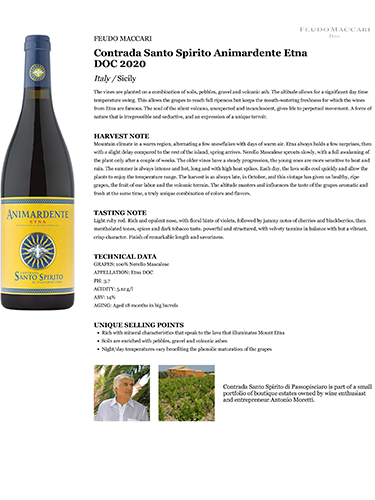 Contrada Santo Spirito Animardente Etna DOC 2020 Fact Sheet