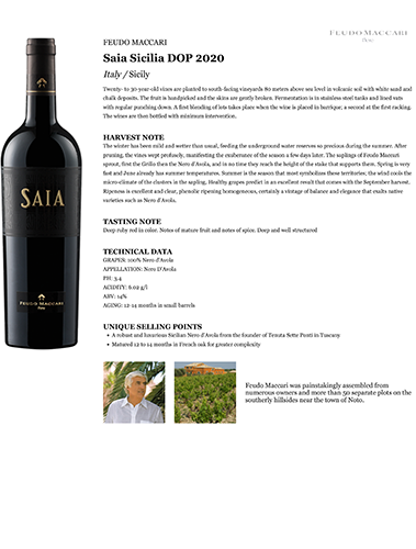 Saia Sicilia DOP 2020 Fact Sheet