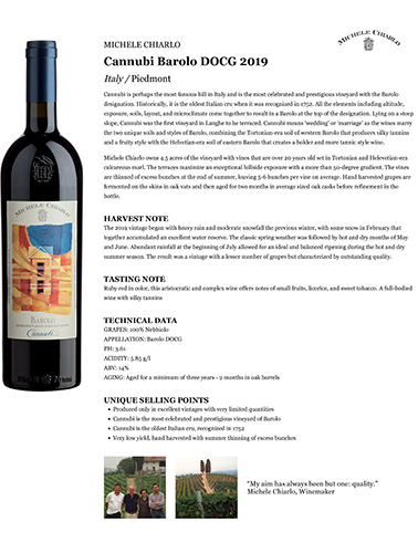 Cannubi Barolo DOCG 2019 Fact Sheet
