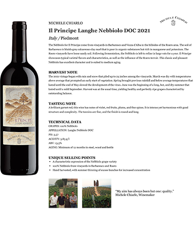 Il Principe Langhe Nebbiolo DOC 2021 Fact Sheet