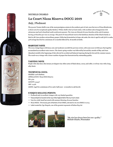 La Court Nizza Riserva DOCG 2019 Fact Sheet
