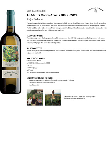 Le Madri Roero Arneis DOCG 2022 Fact Sheet