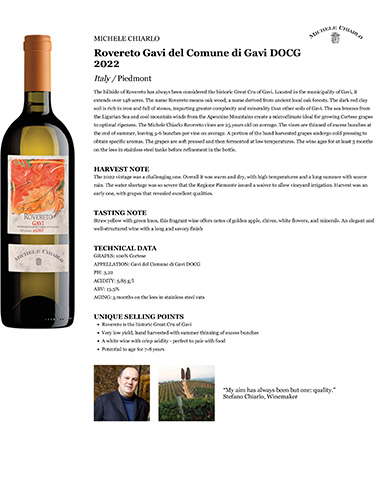 Rovereto Gavi del Comune di Gavi DOCG 2022 Fact Sheet