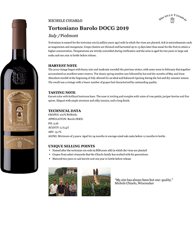 Tortoniano Barolo DOCG 2019 Fact Sheet