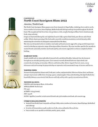 North Coast Sauvignon Blanc 2023 Fact Sheet