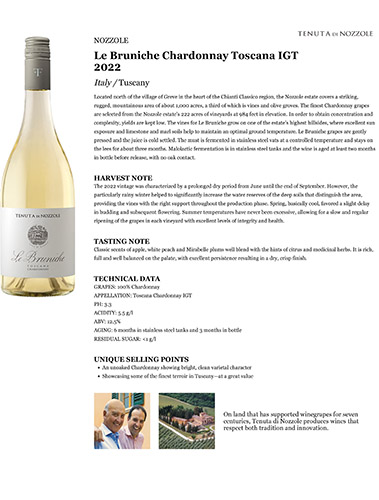 Le Bruniche Chardonnay Toscana IGT 2022 Fact Sheet