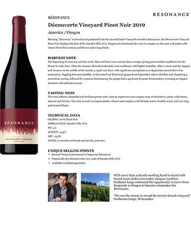 Découverte Vineyard Pinot Noir 2019 Fact Sheet
