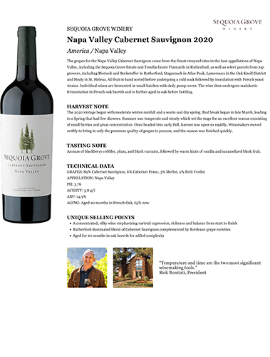 Napa Valley Cabernet Sauvignon 2020 Fact Sheet
