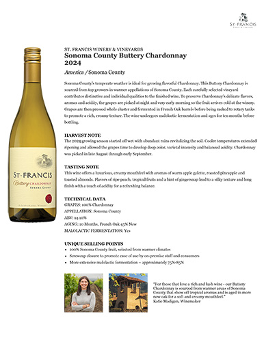 Sonoma County Buttery Chardonnay 2024 Fact Sheet
