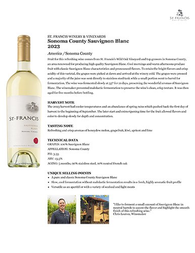 Sonoma County Sauvignon Blanc 2023 Fact Sheet