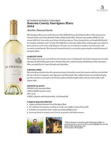Sonoma County Sauvignon Blanc 2024 Fact Sheet