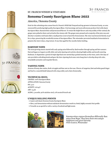 Sonoma County Sauvignon Blanc 2022 Fact Sheet