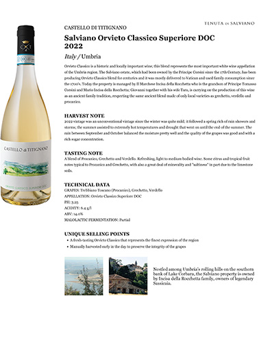 Orvieto Classico Superiore DOC 2022 Fact Sheet