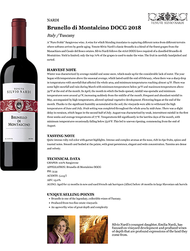 Brunello di Montalcino DOCG 2018 Fact Sheet