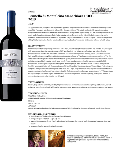 Brunello di Montalcino Manachiara DOCG 2018 Fact Sheet