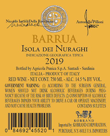 Barrua Isola dei Nuraghi IGT 2019 Back Label