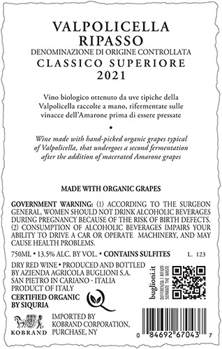 Il Bugiardo Ripasso Valpolicella Classico Superiore DOC 2021 Back Label