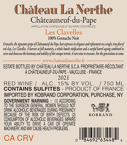 Les Clavelles Châteauneuf-du-Pape Rouge 2021 Back Label
