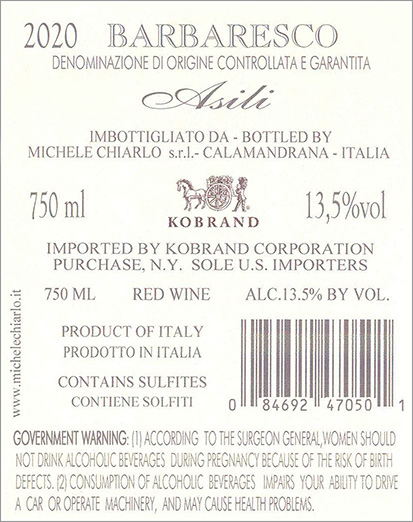 Asili Barbaresco DOCG 2020 Back Label