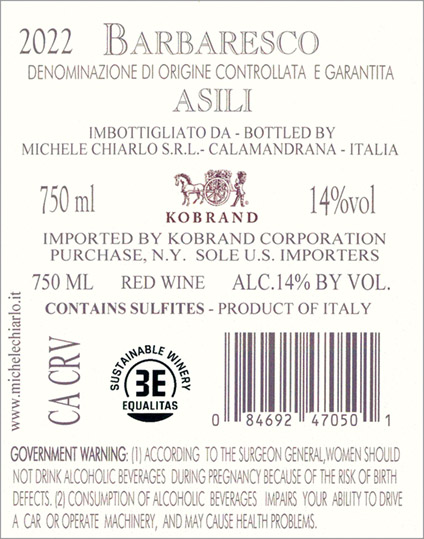 Asili Barbaresco DOCG 2022 Back Label